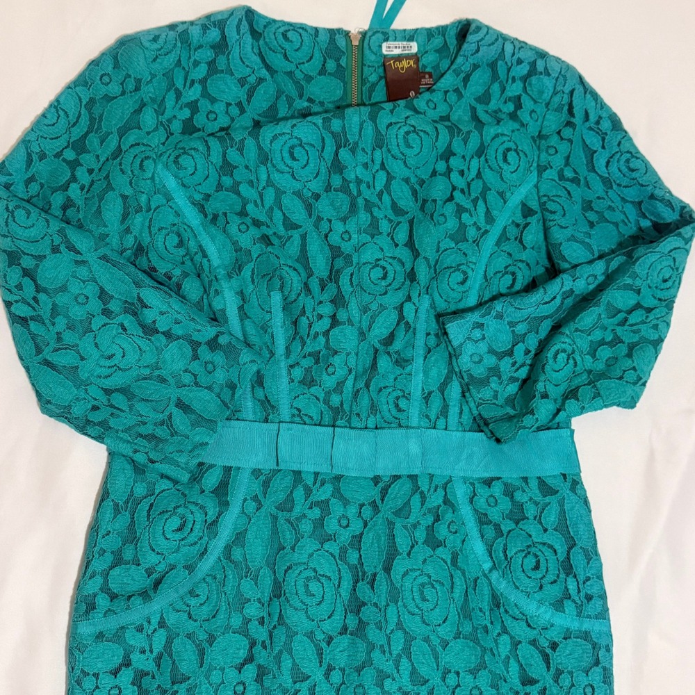 Taylor Teal‎ Floral Lace Sheath Dress 3/4 Sleeve Telemundo Wardrobe Size 8